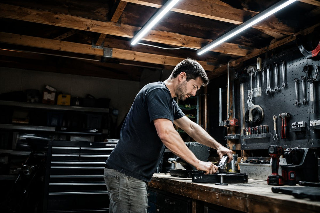 A man working at a garage bench under bright linear LED shop lights