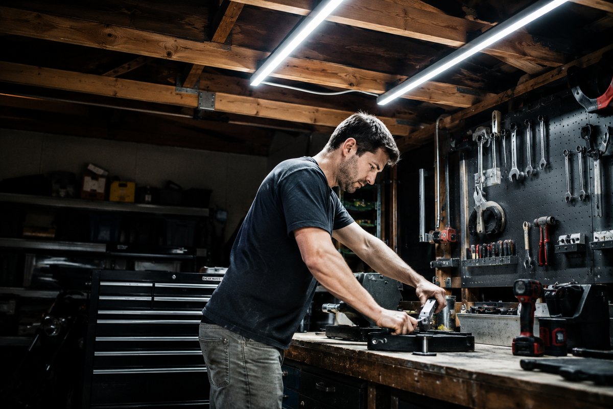 A man working at a garage bench under bright linear LED shop lights