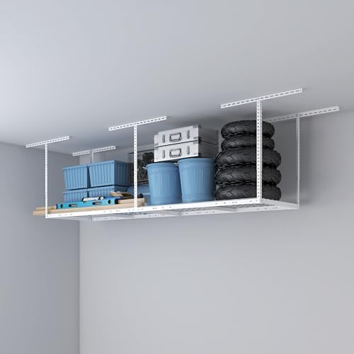 2x8ft overhead ceiling garage storage rack, 400lbs capacity, front angle view
