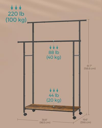 songmics clothes rack with wheels, steel garment rack showing dimensions