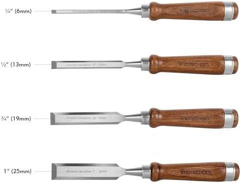 4-piece wood chisel set for woodworking, sharp cr-v shown in use