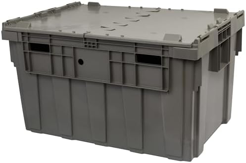 buckhorn industrial lidded plastic storage container, nesting and on a desk or shelf
