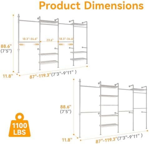 higeego w4 wall mounted clothes rack, industrial pipe showing dimensions