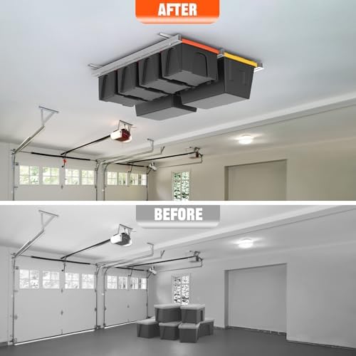 torack garage ceiling bin storage rack, overhead tote, front angle view