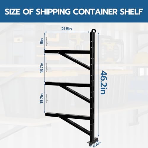 shipping container shelving bracket, 22"(d) x 46.5"(h) shown in use