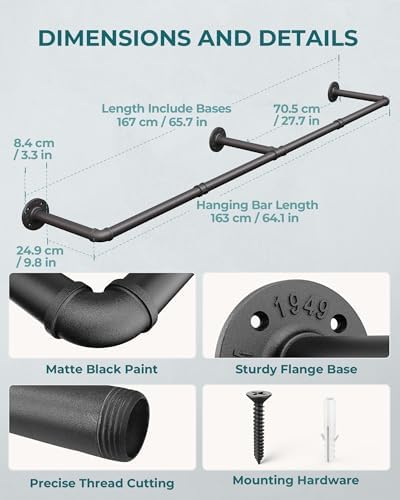 oropy 65.7" heavy duty industrial pipe clothes rack, side view