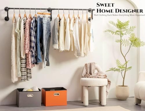 wall clothes rack, industrial pipe clothing rack, hanging shown in use