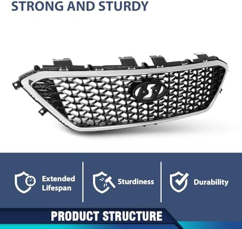 PIT66 Front Bumper Upper Grille Fit Hyun.dai Sonata 2015-2017 | Fits 2015-2017 Sonata Models Without Radar Hole, Black and Chrome Finish, Direct Replacement