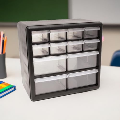 homak 12-drawer parts organizer, black, ha01012001 on a desk or shelf