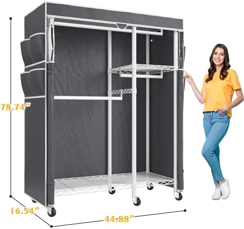 raybee clothes rack with cover, rolling portable closet, side view