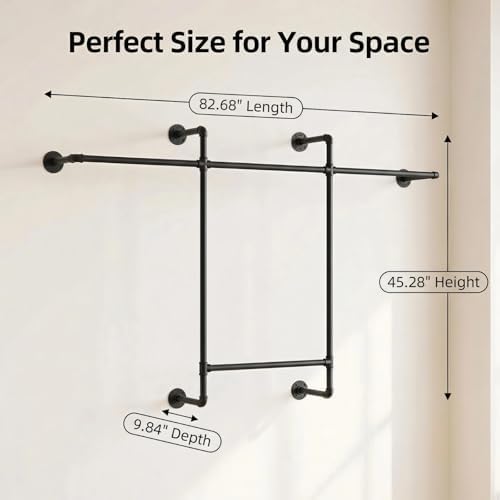 industrial pipe clothing rack, hanging garment rack, wall shown in use