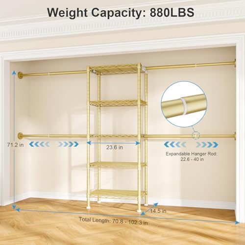 ulif m2 wall mounted closet system, gold clothes shown in use
