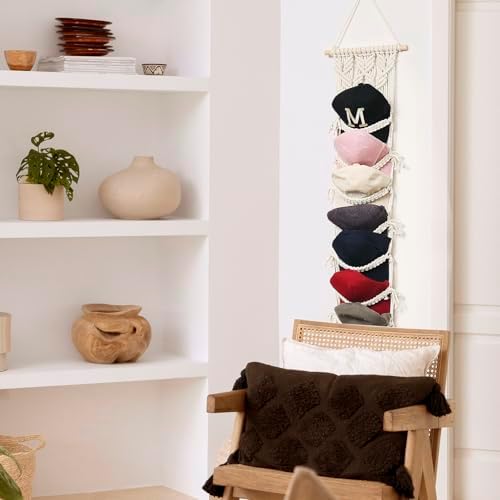 jontell boho ball cap hanger-2 pack-boho macrame cap on a desk or shelf