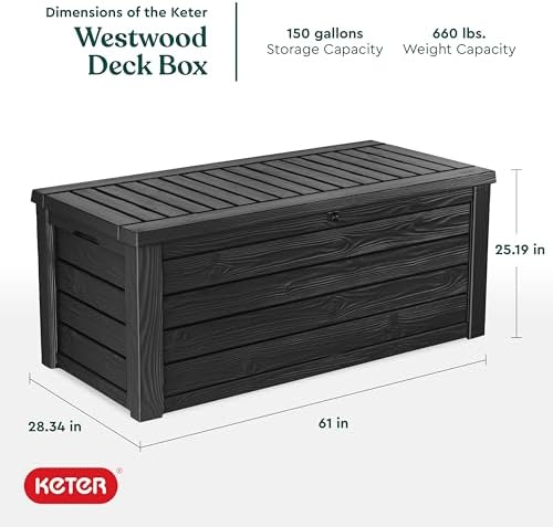 keter westwood outdoor storage deck box, 150 gallon shown in use