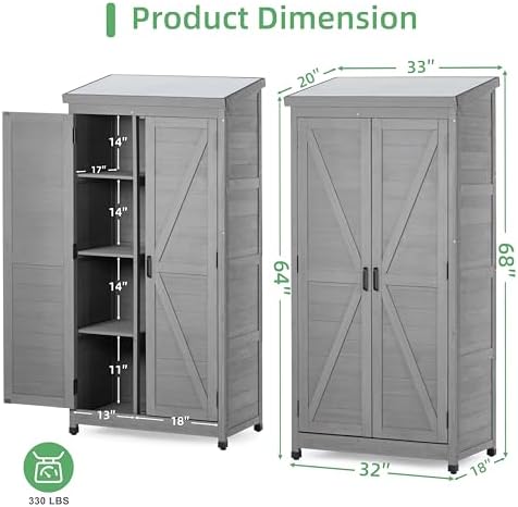 68'' outdoor storage cabinet, wooden garden tool cabinet, close-up detail