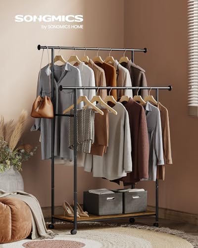 songmics clothes rack with wheels, steel garment rack shown in use