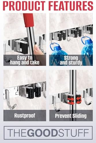 mop and broom holder - clear cleaning clutter on a desk or shelf