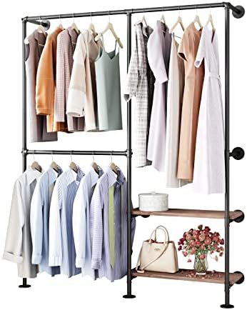industrial pipe clothes racks with black shelves, industrial on a desk or shelf