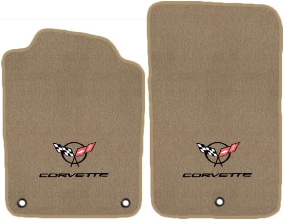 Custom Fit 2 Piece Carpet Front Mats Compatible with 1997-2004 Corvette Coupe with Black C5 Flag Logo - Tan