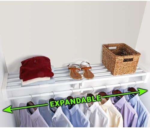 ez shelf- closet shelf with hanging rod, expands, front angle view