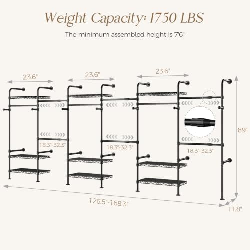 wall mounted closet system, heavy duty 6-row clothes shown in use