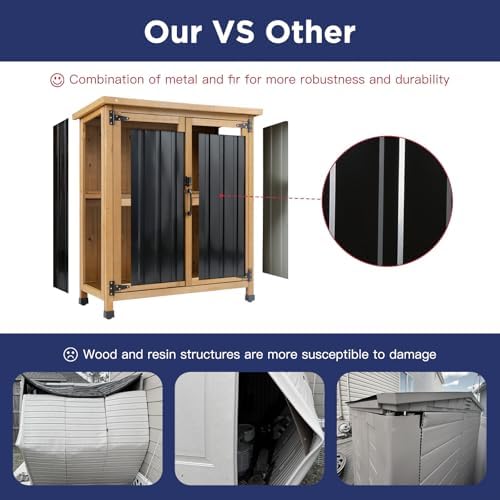 wood & metal outdoor storage cabinet with waterproof, close-up detail