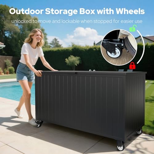 150 gallon outdoor storage box with wheels, metal shown in use