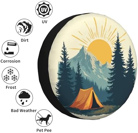 Mountain Camping Sunset Spare Tire Cover Universal Wheel Cover Waterproof Dust-Proof Tire Protector with Adjustable Buckle Strap for Trailer RV SUV All Vehicle 14 inch