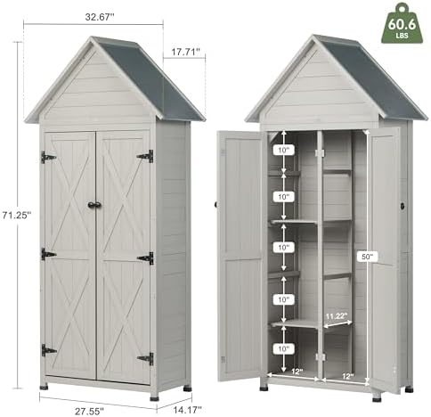 outdoor storage shed with floor & adjustable shelves, close-up detail