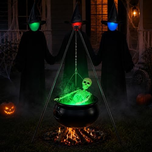 Halloween Decorations Outside - Large Witches Cauldron on Tripod with Skeleto...