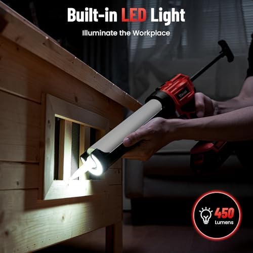 electric caulking gun, cordless caulk gun with 2x on a desk or shelf