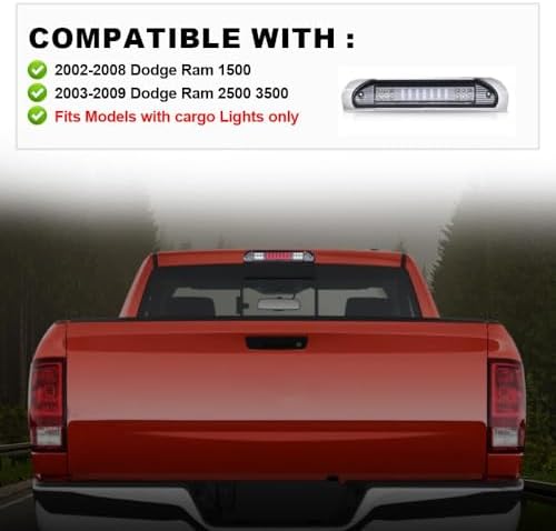 CNNELL 3rd Brake Lights Assembly Compatible with Dodge Ram 1500 2002 2003 2004 2005 2006 2007 2008, Ram 2500 3500 2003-2009 3RD Third Brake Light/Cargo Lamp(Type I Smoky lens Clear Bottoms)