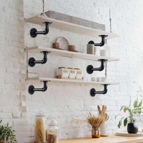 l-shaped industrial pipe shelf brackets, black metal wall-mounted showing dimensions