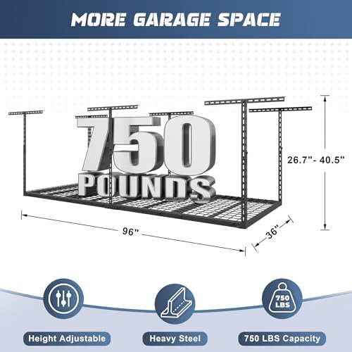 3x8ft overhead garage storage rack 750lbs capacity, 26"-40" shown in use