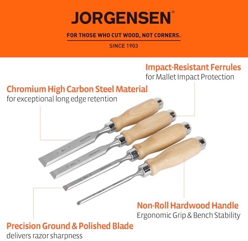 jorgensen 4-piece wood chisel set, 1/4", 1/2", 3/4" shown in use