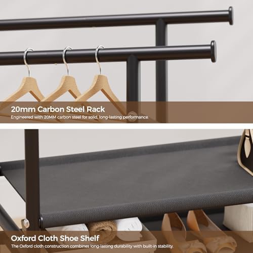 hyseyy clothes rack,double rods rolling clothing rack for showing dimensions