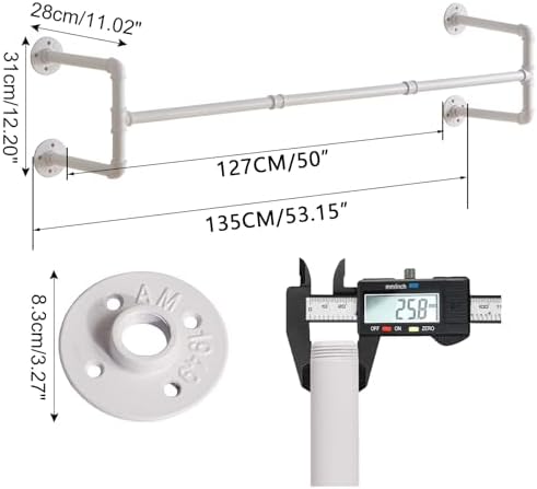 ibuyke 50" industrial pipe clothes rack wall mounted showing dimensions