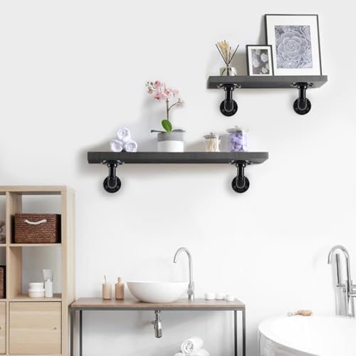 l-shaped industrial pipe shelf brackets, black metal wall-mounted, package contents
