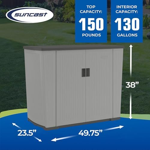 suncast xl outdoor storage cabinet, 130 gal, lockable, close-up detail
