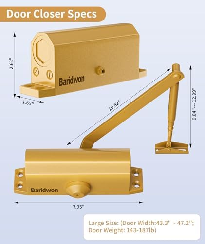 commercial grade door arm, dullgolden finish, large size shown in use