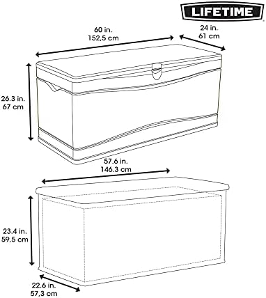 lifetime 60040 deck box, 130 gallon, desert sand on a desk or shelf