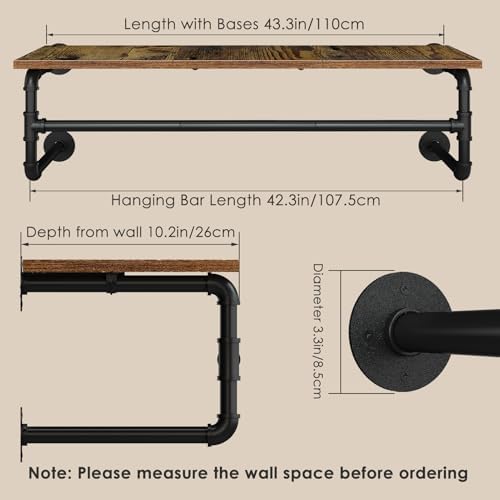 clothes rack wall mounted, 43.3in shelf with hanging, close-up detail