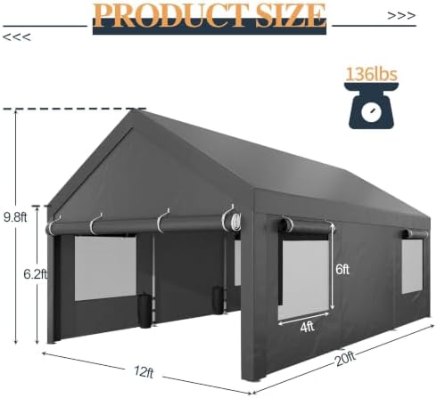 shintenchi 12x20 ft heavy-duty design carport,portable garage canopy,carport, side view