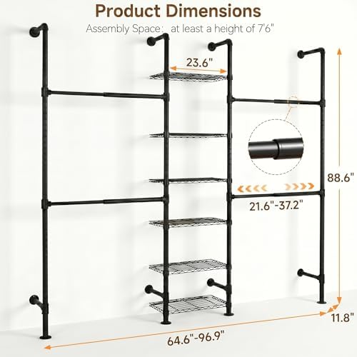 f3 wall mounted closet system, industrial pipe clothing shown in use