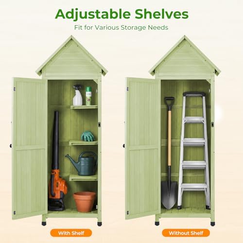 wooden outdoor storage cabinet,tall vertical garden tool shed, side view