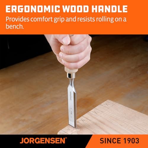 jorgensen 4-piece expansion wood chisel set, 3/8", 5/8" on a desk or shelf