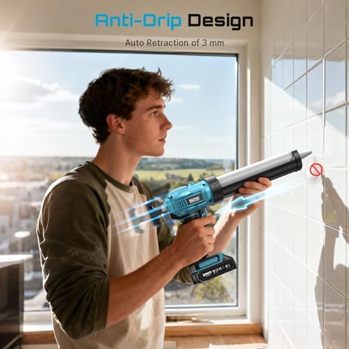 seesii cordless caulking gun w/2 x 2.0ah batteries showing dimensions