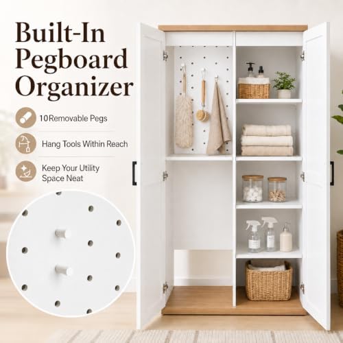 68.9" wooden broom closet storage cabinet with perforated, package contents