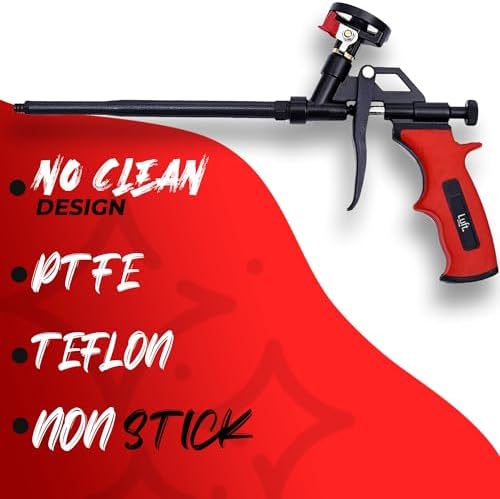 professional expanding foam spray gun, 9 insulation guns on a desk or shelf