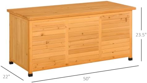 outsunny 75 gallon wooden deck box outdoor storage on a desk or shelf